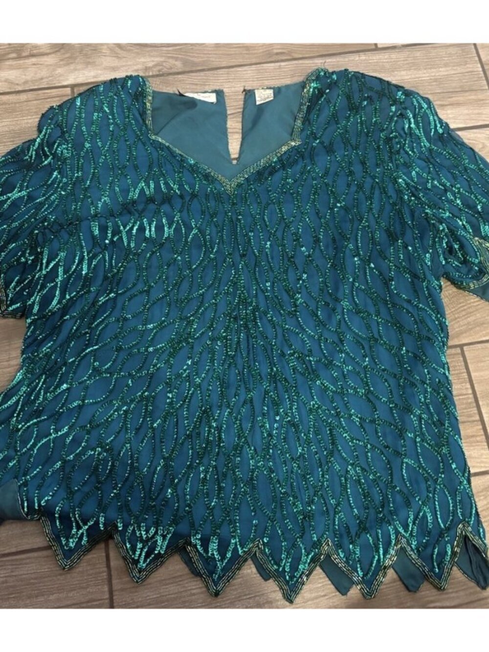Vintage Rare Women's Laurence Kazar Beaded Sequin Green Shirt Top Silk Sz 1X